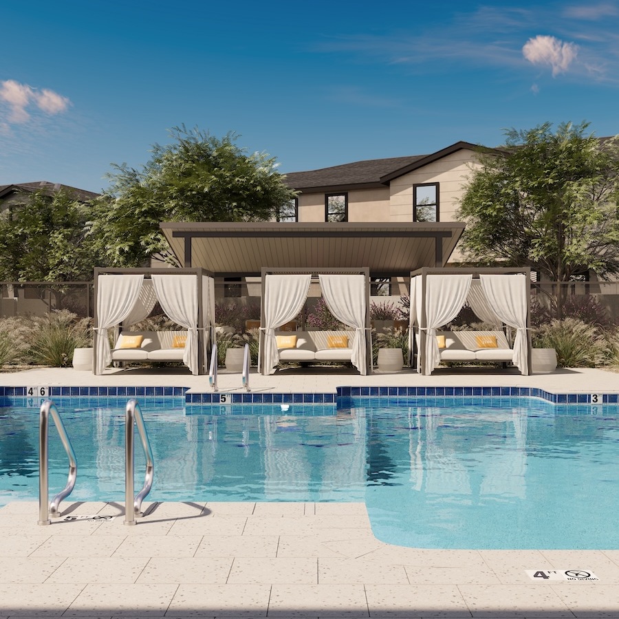 a pool with cabanas
