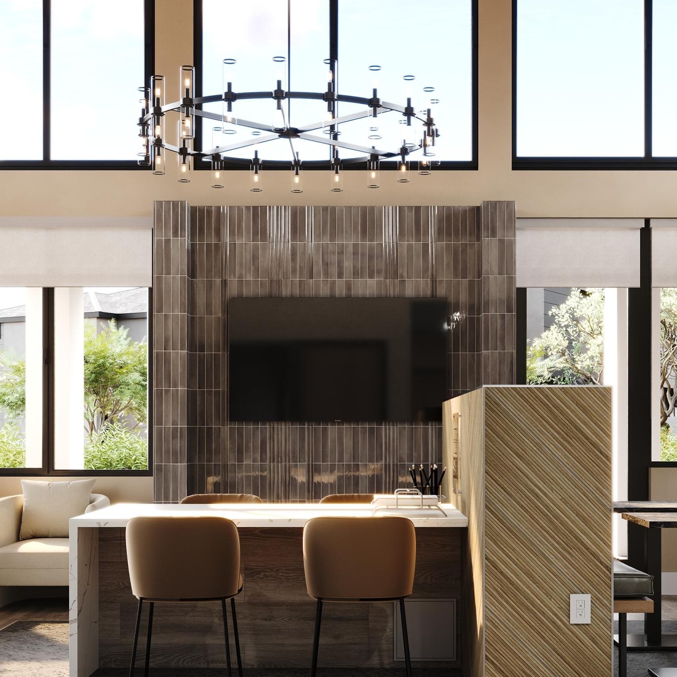 a lounge with seating table tv and several windows