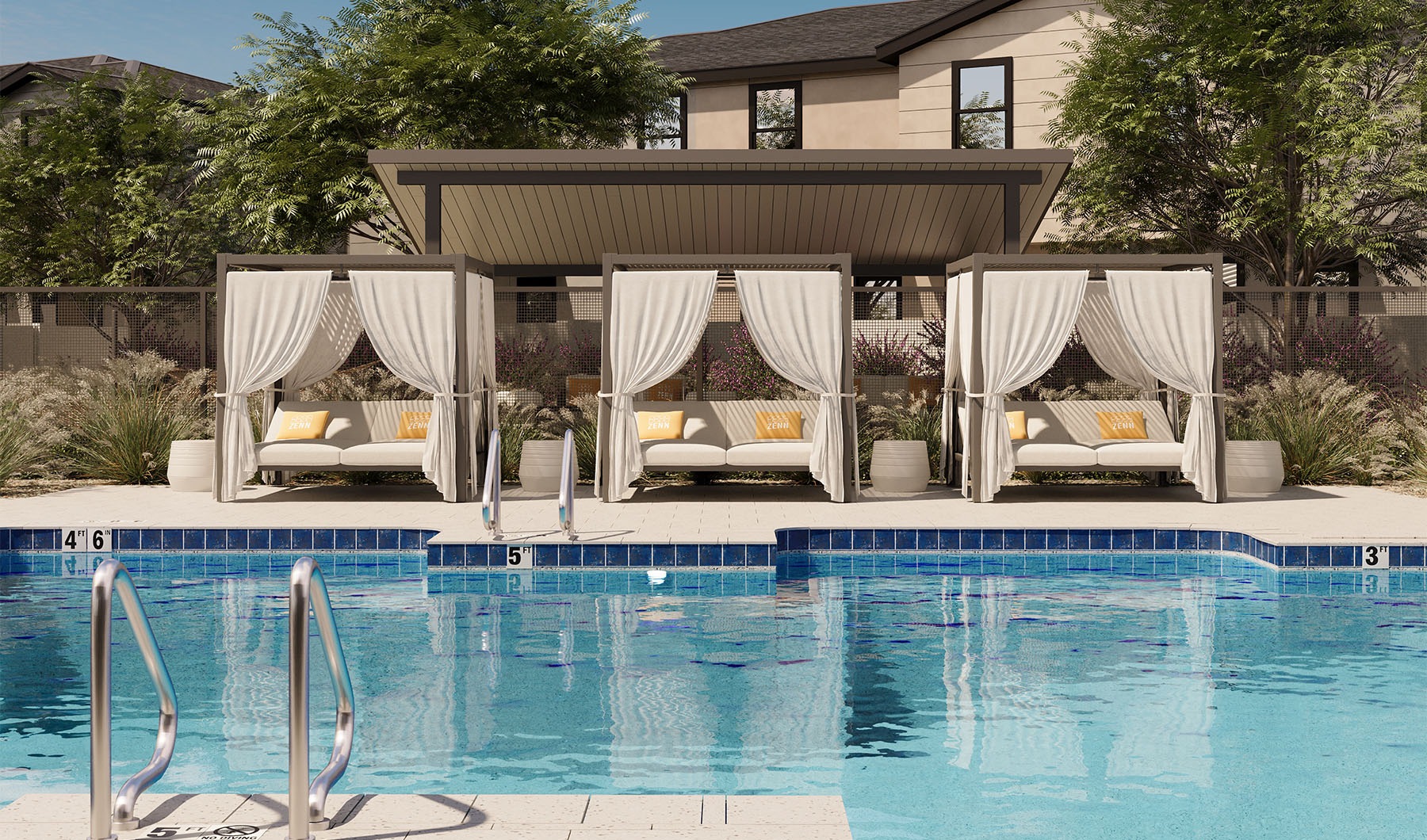a swimming pool in front of a house