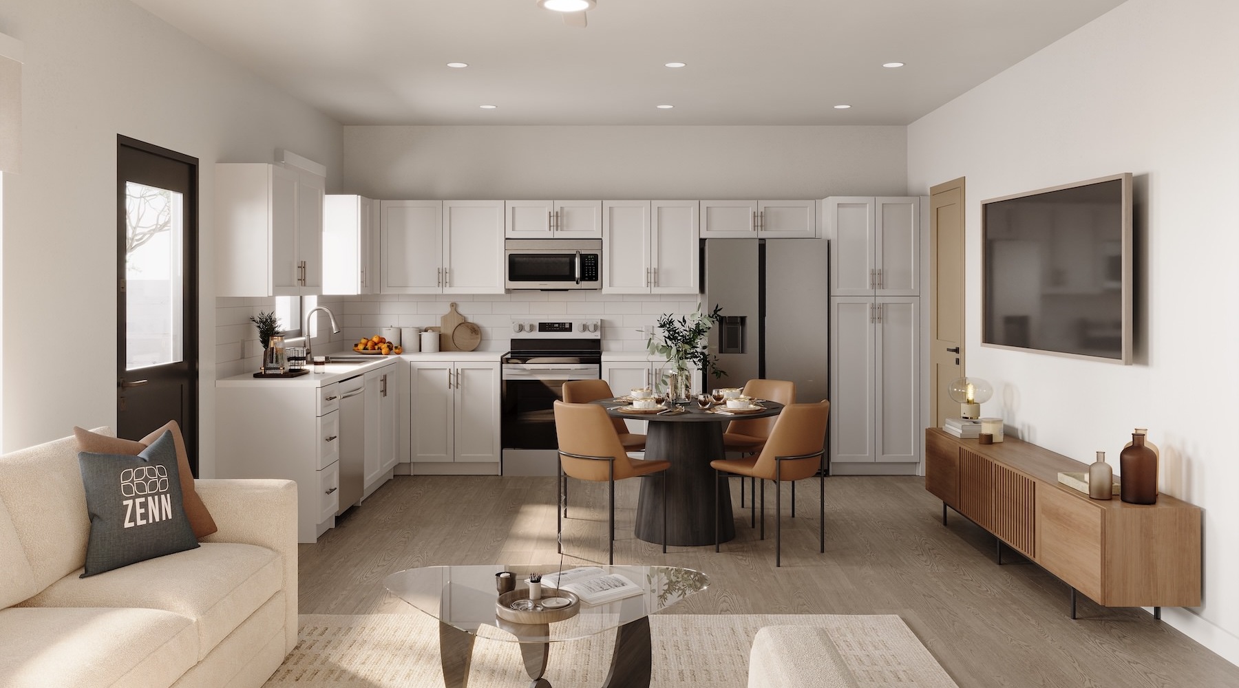 a kitchen and living room with tables and chairs