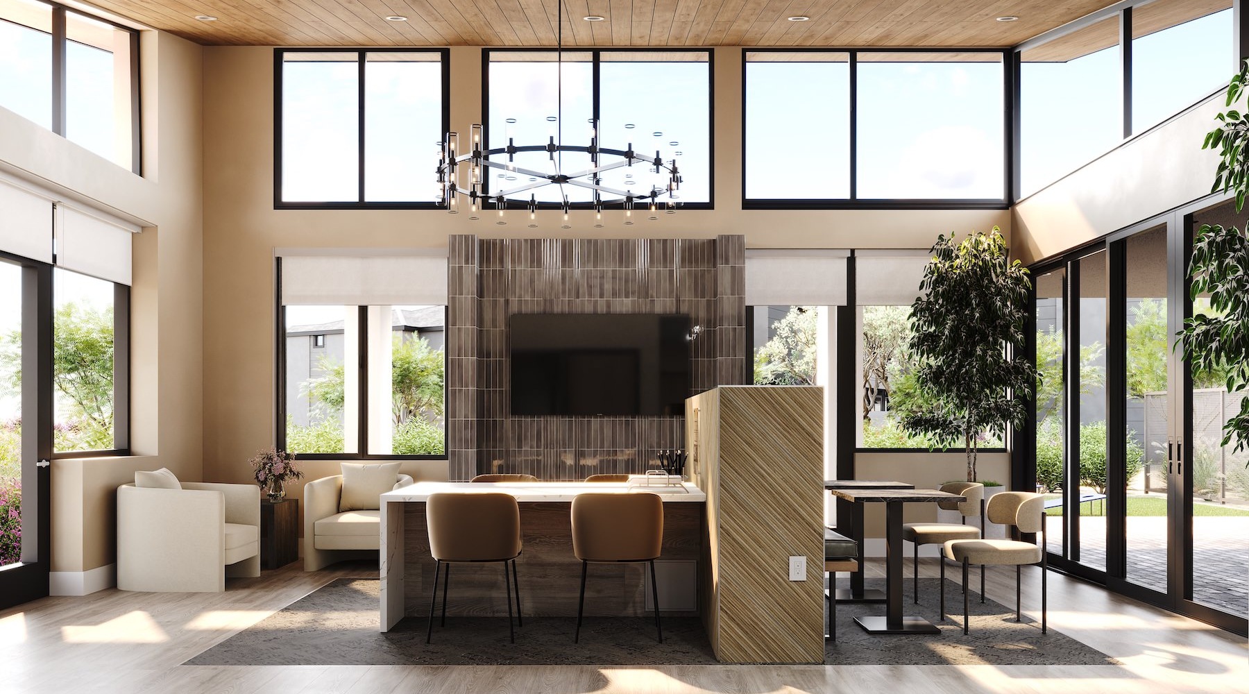 a clubroom with a tv, tables and chairs