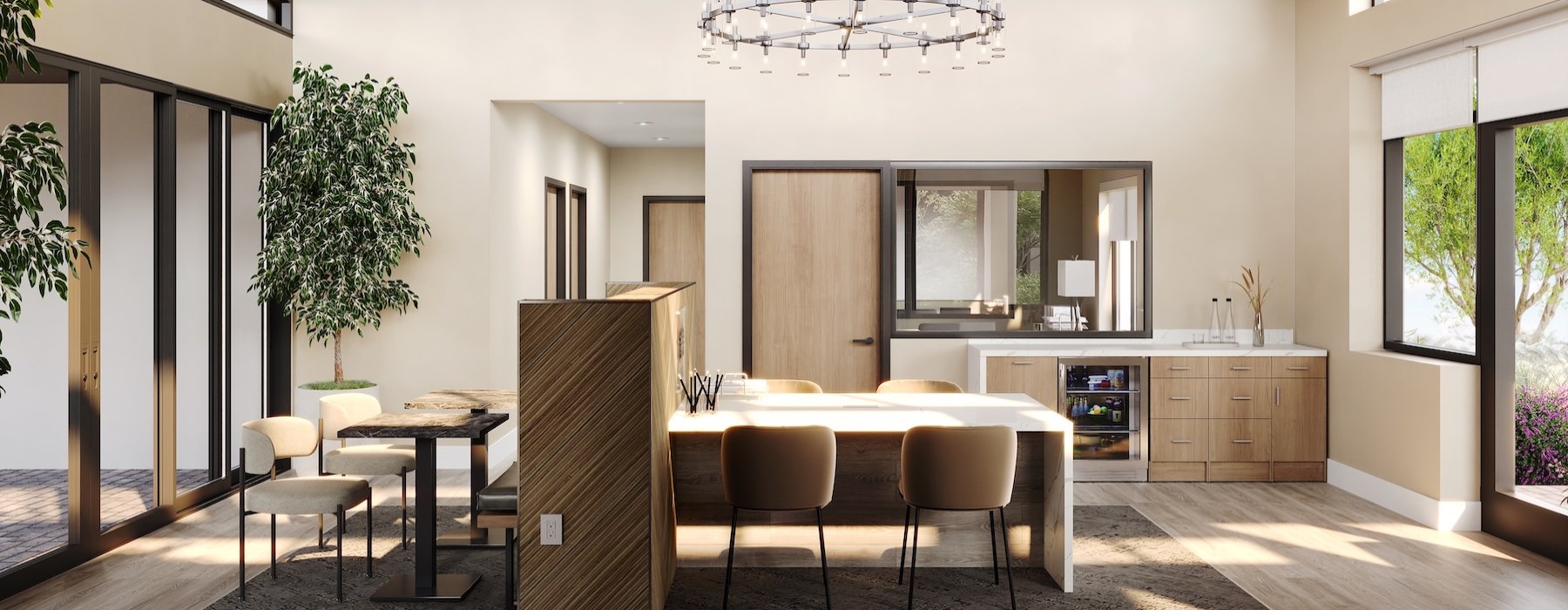 a room with a table and chairs