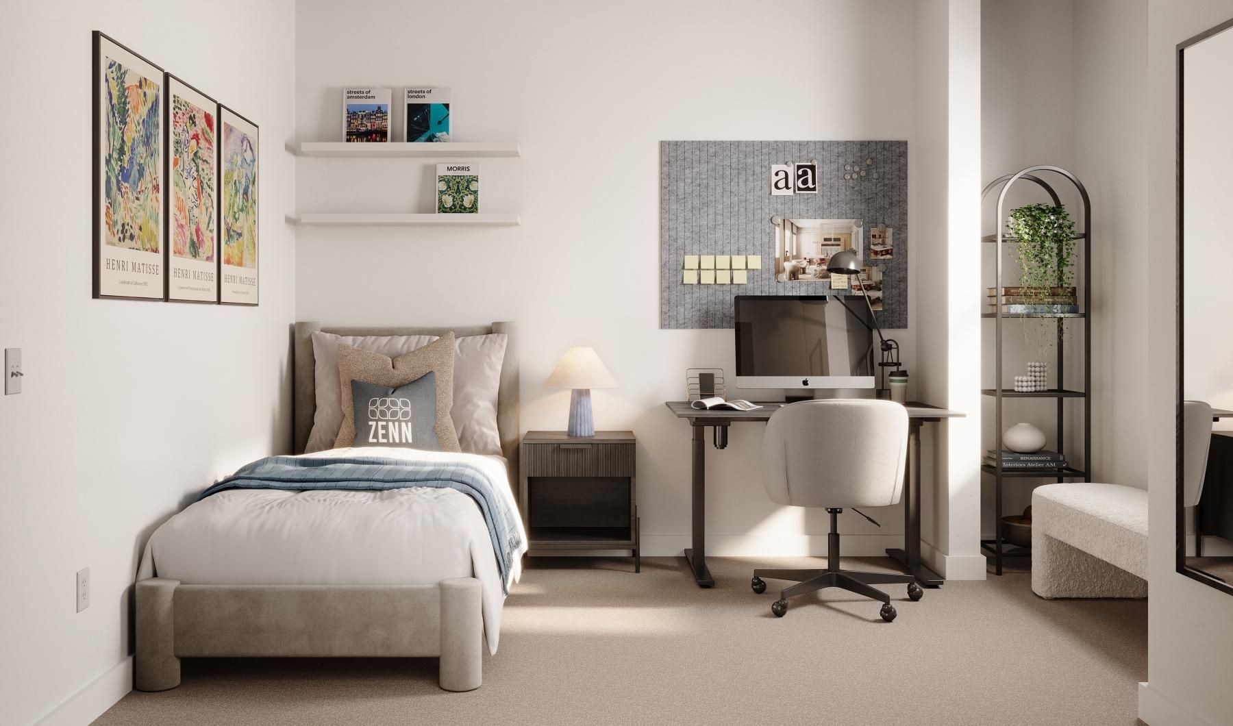 a bedroom with a bed desk computer and a chair