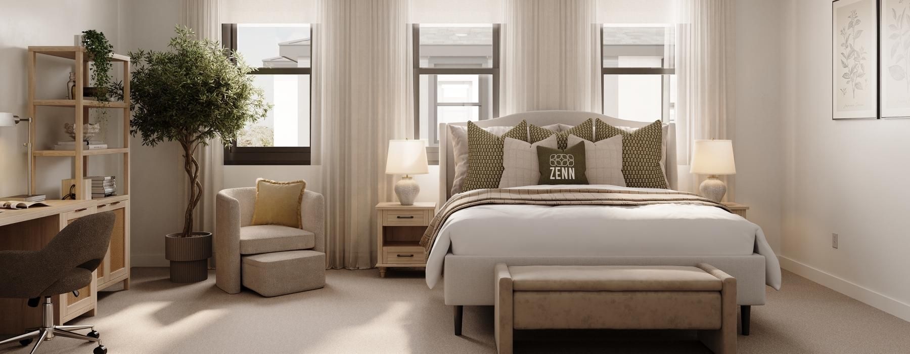 a room with a bed chair windows and a desk