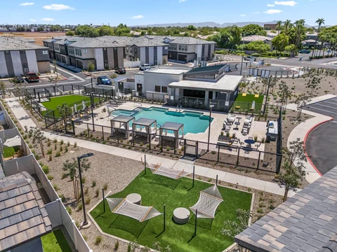 Elevated view of the hammock lawn, pool, and clubhouse