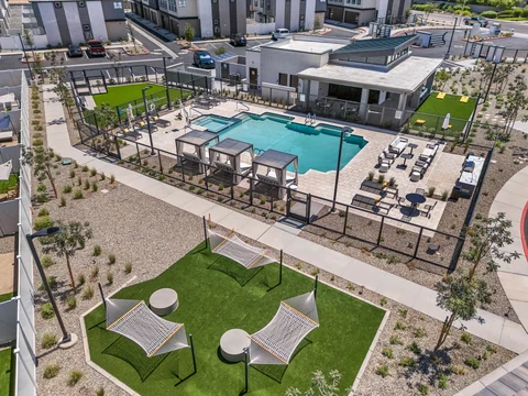 Overhead view of the hammock courtyard and pool deck
