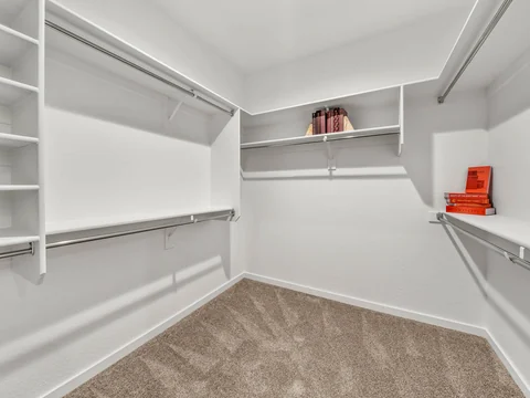Walk-in closet with wraparound hanging rails and built-in shelves